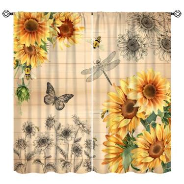 Imagem de KANEPE Cortinas de girassol, silhueta de borboleta de libélula, prancha de madeira, tratamentos de janela blackout, cortinas com isolamento térmico para varão, conjunto de 2 painéis para quarto, sala