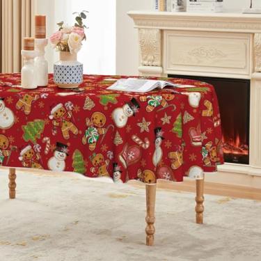 Imagem de Horaldaily Toalha de mesa de Natal 152 × 213 cm, oval, luva masculina de gengibre, árvores, boneco de neve, vermelha, lavável para decoração de festa, piquenique, jantar
