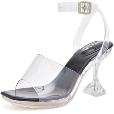 Imagem de NBUUNBU Salto feminino transparente com tiras transparentes com fivela plataforma gatinho salto alto confortável Cinderela sapatos Stilletos bico quadrado sandálias mules bomba, Preto, 35