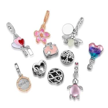 Imagem de Pacote com 10 pingentes de contas de prata compatíveis com pulseiras estilo Pandora, conjunto de joias com pingente de zircônias cúbicas - A