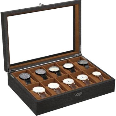 Imagem de Uten Caixa de relógio de madeira maciça, caixa de relógio com 10 compartimentos com almofada macia, caixa de exibição de relógio com tampa de vidro, organizador de suporte de relógio, armazenamento de