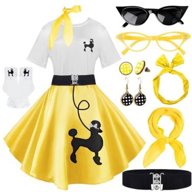Imagem de 10 peças de roupas femininas, saias poodle dos anos 1950, camiseta poodle com acessórios dos anos 50, meias, cachecol, faixa de cabeça, brinco de cinto, Amarelo, M