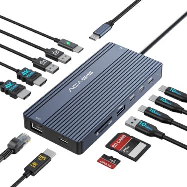 Imagem de ACASIS Estação de ancoragem USB C 14 em 1, monitor duplo, 2 HDMI 4K a 60 Hz, estação de ancoragem para laptop 14 em 1, 3 monitores para Dell/HP/Mac (prata)