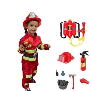 Imagem de Fantasia de Bombeiro Infantil para Halloween - Kit com Ferramentas de 