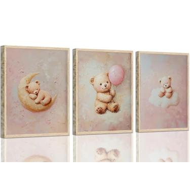 Imagem de JJN 3 peças de arte de parede em tela de urso com estampas de ursinho de pelúcia pintura nuvem balão lua berçário decoração de parede pôsteres rosa para berçário de bebê menino menina imagens para