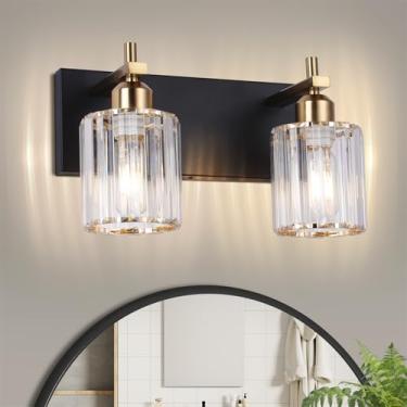 Imagem de Luzes de toucador de 2 luzes para banheiro: Luzes de vaidade douradas pretas com sombra de vidro cristal, luminárias modernas de banheiro de cristal sobre o espelho, arandelas de parede de ouro preto