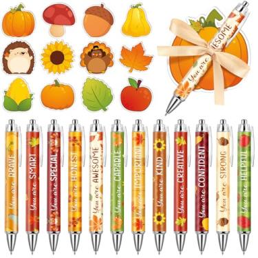 Imagem de Engrowtic Conjunto de 24 lembrancinhas de festa de outono de Ação de Graças com canetas esferográficas inspiradoras fitas outono abóbora folha de bordo notas em forma de bolota para escritório, sala