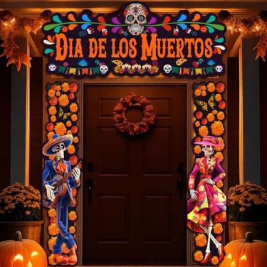 Imagem de Frienda Dia de los Muertos Decoração de porta, 3 peças Dia dos Mortos moldura banner com placa de casal esqueleto, decoração de varanda mexicana Fiesta para Halloween, parede interna e externa