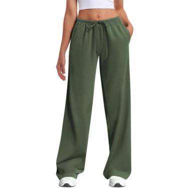 Imagem de Calça de moletom feminina HeSayep, perna larga, verde exército, XS, co