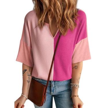 Imagem de Camisa Dokotoo Waffle Knit com decote em V para mulheres rosa choque