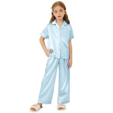 Imagem de Pijama Arshiner de cetim para meninas de manga curta de 5 a 6 anos, az