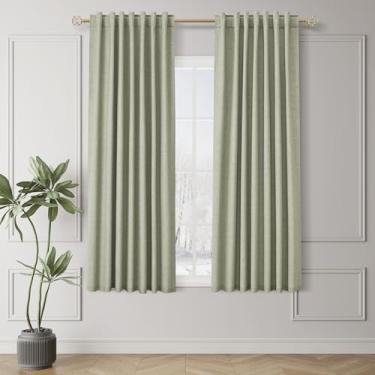Imagem de Cortinas pretas verde-sálvia 153 cm de comprimento com isolamento térmico de linho texturizado para quarto, sala de estar, aba traseira, bolso para varão, moderno, casa de fazenda, decoração de janela