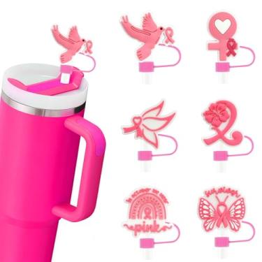 Imagem de HATOTO Capas Stanley de conscientização do câncer de mama para Stanley Cup, topos de palha de fita rosa para Stanley, topo de silicone de grau alimentício, tampa de canudos reutilizáveis para 0,4