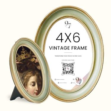 Imagem de 97 Decor Moldura oval em ouro verde 10 x 15 cm - molduras vintage 10 x 15 cm, moldura antiga elegante de 10 x 15 cm com frente de vidro para exibição de fotos em mesa e montagem na parede