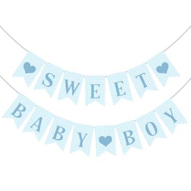 Imagem de Mindsoft Banner Sweet Baby Boy azul branco guingão pré-amarrado menino chá de bebê decorações com coração para revelação de gênero adereços de foto de festa