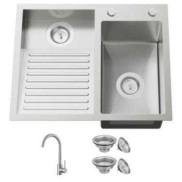 Imagem de Pia de lavanderia de aço inoxidável com tábua de lavar roupa - 23,6 x 40 cm, pia dupla de montagem superior vem com torneira e conjunto de dreno, zona de lavagem dedicada para adicionar conveniência a