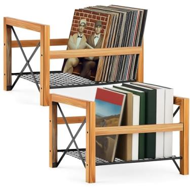 Imagem de Cinnvoice Pacote com 2 discos de vinil para álbuns de 17,78 a 30,5 cm, porta-discos de vinil de madeira, cada um comporta de 50 a 100 discos, DVDs ou CDs, caixas de madeira modernas organizador de