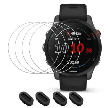 Imagem de [Pacote com 4] Protetor de tela compatível com smartwatch Garmin Forerunner 255 + plugues antipoeira, película protetora de vidro temperado com dureza 9H, antiarranhões, sem bolhas