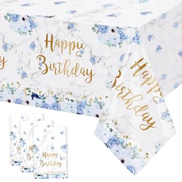 Imagem de MEHOFOND Toalha de mesa de plástico azul feliz aniversário, 3 peças, capa de mesa descartável para festa com tema floral, dourada, glitter, pontos de aniversário, decoração de mesa, 272 x 137 cm