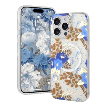 Imagem de AIGOMARA Capa magnética para iPhone 16 Pro Max [compatível com MagSafe] Design com estampa floral de flores transparentes, fina, antiamarelamento, à prova de choque, para mulheres e meninas, azul
