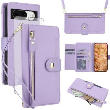 Imagem de Asuwish Capa de celular para celular Google Pixel 8 5G com zíper, protetor de tela de vidro temperado e alça de pulso transversal, suporte para cartão de crédito Pixel8 oito mulheres meninas roxo