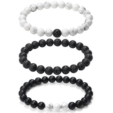 Imagem de XIANNVXI Conjunto de pulseiras masculinas com contas de pedra natural de 3/4 peças, 8 mm, olho de tigre, pedra vulcânica, obsidiana, cristal preto, contas elásticas para homens e mulheres, joias