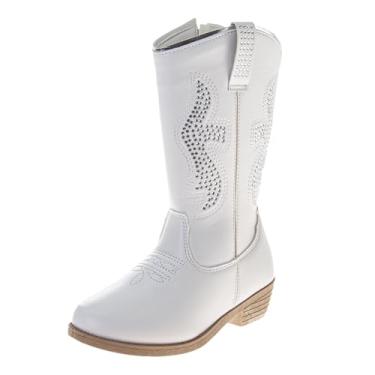 Imagem de KENSIE GIRL Botas de caubói infantil - Sapatos ocidentais de cano médio cowgirl bico quadrado para bebês / crianças pequenas / tamanhos grandes (rosa, branco preto bronzeado), Branco - 97843, 15