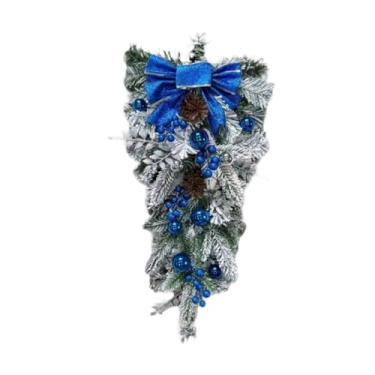 Imagem de UGPLM Guirlanda de Natal com neve decorada com bolas de laço, guirlanda de inverno para porta da frente, decoração de Natal para casa, escritório e feriados, Azul