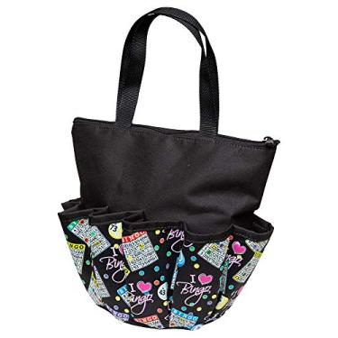 Imagem de Sacola I Love Bingo preta grande com 10 bolsos para Daubers, Dabbers, marcadores e acessórios – Bolsa de bingo de lona durável com zíper, feita nos EUA, organizador de suprimentos de bingo e presente