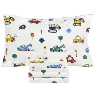 Imagem de Scientific Sleep Jogo de lençol de solteiro, carro, táxi, guindaste, escavador, roda, carro, divertido, aconchegante, 3 peças, 100% algodão, lençol com elástico e fronha natural para crianças, meninos