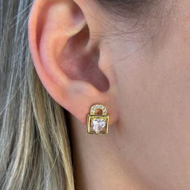 Imagem de Brinco Cadeado Grande Zircônia Coração Banhado em Ouro 18k - Anastásia