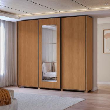 Imagem de Guarda-roupa 3 Portas de Correr e 4 Gavetas com Espelhos e Pés Dormitorio Sliding Canela