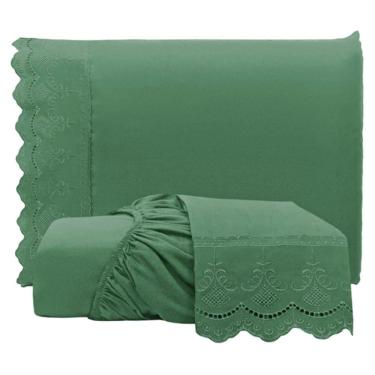 Imagem de Jogo de Lençol Queen Bordado Ingles Micropercal 300 Fios Toque de Algodão 3 Peças - Esmeralda