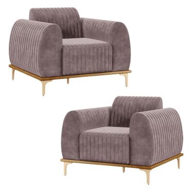 Imagem de Kit 2 Poltronas Decorativas Sala de Estar Base de Madeira Euro Veludo Rosê - Gran Belo