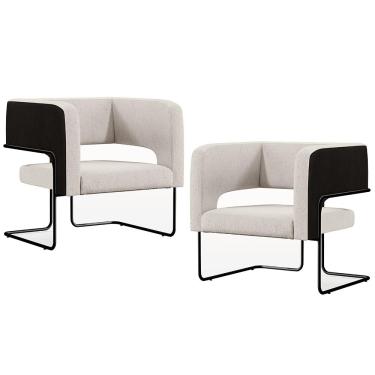 Imagem de Kit 02 Poltronas Scarlett D02 Base Aço Preto Corano Preto C-05 Linho Cru C-443 - Lyam Decor