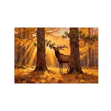 Imagem de Quadro parede outono-sol pinheiro veado Impressões em tela paisagens-Pintura animais para sala estar decoração fazenda 20x30cm Sem Moldura