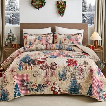 Imagem de WONGS BEDDING Colchas de Natal, tamanho Queen, 3 peças, colcha de árvore de Natal com flocos de neve e 2 fronhas, conjunto de cama queen de microfibra leve e macia (244 x 228 cm)