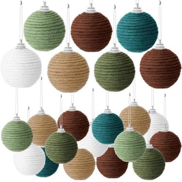 Imagem de Syhood 18 peças de enfeites de bola de Natal de 6 cm, decoração de árvore de Natal, boho, corda de juta rústica, tricotada, de serapilheira, neutro, para decoração de guirlanda de Natal, guirlanda de