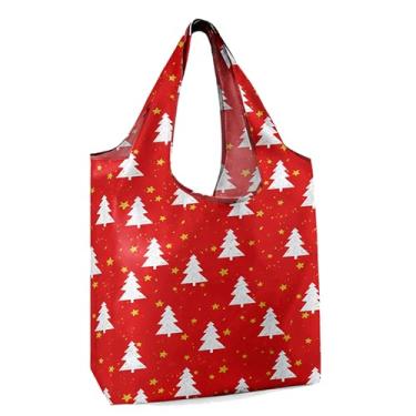 Imagem de Sacola de compras reutilizável de Natal com estampa de árvores, sacolas de compras reutilizáveis com faixa elástica, dobrável, lavável na máquina, para presentes de Natal