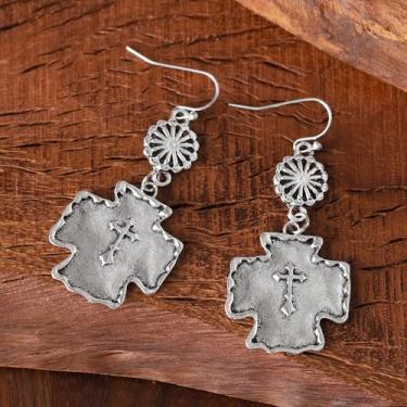 Imagem de Brinco vintage estilo étnico ocidental antigo prateado girassol cruzes, brincos femininos boêmios retrô presentes para ela