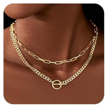 Imagem de Colar feminino em camadas douradas, gargantilha delicada, com elos cubanos, clipe de papel, corrente com fecho de botão, One Size, Metal, Sem Pedra Preciosa