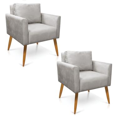 Imagem de Kit 2 Poltronas Aline Veludo Cinza Pés Palito Castanho - D'Rossi