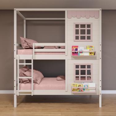 Imagem de Beliche Casinha Reta Com 02 Janelas Madeira Maciça Branco/ Rosa Housin