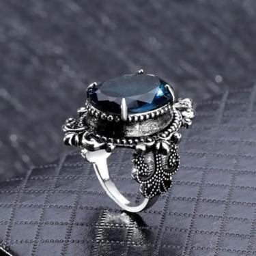 Imagem de Anel de declaração de zircônia cúbica azul banhado a ouro branco acessório personalizado ideal para uso diário feminino casual festa feriado joia presente, 10, Cobre, Sem pedra preciosa