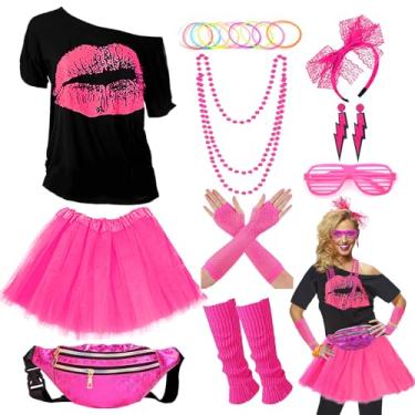 Imagem de Fantasia feminina atualizada dos anos 80, conjunto de acessórios de fantasia de festa dos anos 80 com camiseta, saia tutu etc, Vermelho rosa, M