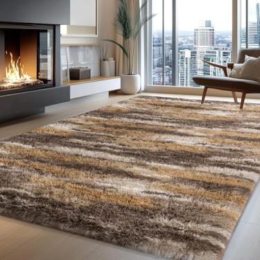 Imagem de Tapetes fofos para quarto, sala de estar, 1,2 x 1,8 m, abstrato, marrom, felpudo, antiderrapante, moderno, felpudo para dormitório, berçário, decoração de quarto de crianças, tapete macio e felpudo