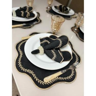 Imagem de Conjunto de 12 jogos americanos estilo americano Jogos americanos para uma mesa de jantar para 6 pessoas Arranjo de mesa Guardanapos redondos Mesa de jantar(preto)