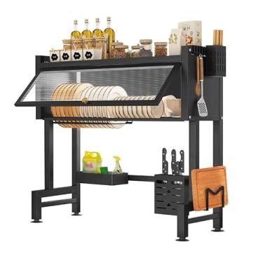 Imagem de Escorredor De Louça Pratos Organizador De Pia Cozinha, Escorredor Louças Cozinha com Porta, Antiferrugem, Montagem Sem Furação， Suporte para Talheres, Copos, Tábuas, Facas (Preto, 95cm)