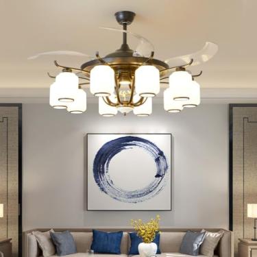 Imagem de Ventilador de teto moderno e discreto com luz LED para sala de estar, restaurante, quarto, escritório, casa de campo ou hotel, com controle remoto (10 lâmpadas, 1 unidade).