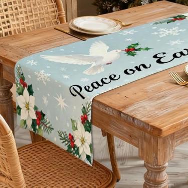 Imagem de Caminho de mesa de Natal 33 x 91 cm - Decoração de mesa de jantar de cozinha de inverno para decoração de casa, pomba branca impressa paz na terra carregando azevinho com flocos de neve, flores e
